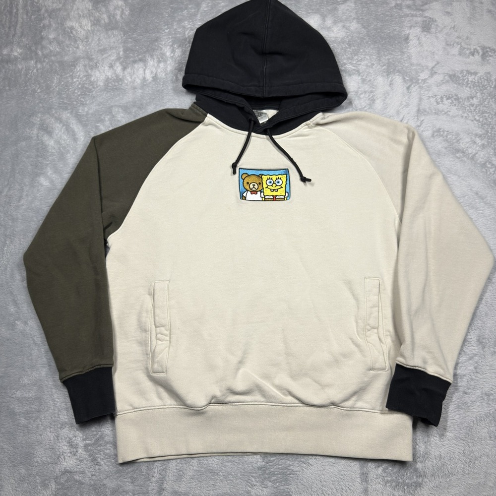 Teddy Fresh Spongebob Hoodie Mens Medium Beige Black Colorblock Pullover Cartoon